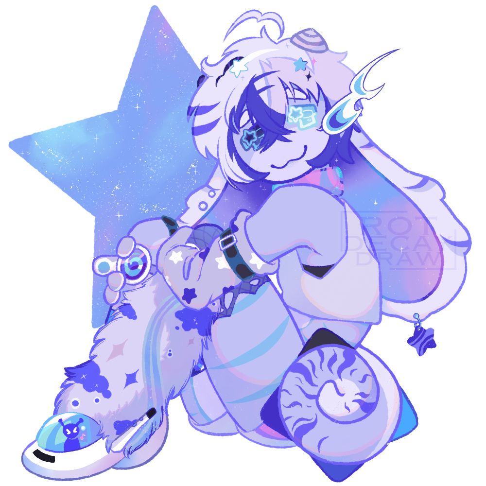 a drawing of a light purple-blue alien with blue stripes sitting on the floor hugging their knees. they smile at the viewer and have one eye a lighter blue than the other. their hair is a short bob with slight waves and different shades of purple and blue, as well as two very short striped horns sitting at the top. they have long bunny-like ears with piercings, a curled tail, gloved arm warmers, furry leg warmers with tights underneath, tiny shorts and a crop top. their shoes are ufo's with a little alien smiling in them