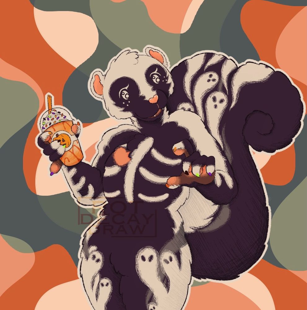 a drawing of an anthropomorphic skunk. they have white markings on their chest that look like a simple rib cage with a pink heart over it, and stripes down the sides of their arms with a rib cage like pattern on their forearm. the stripes down either side of their body turn into ghosts, and their tail stripe is a perrten of multiple ghosts. they are smiling and holding an orange frappuccino. the background is a swirl or oranges and greens.