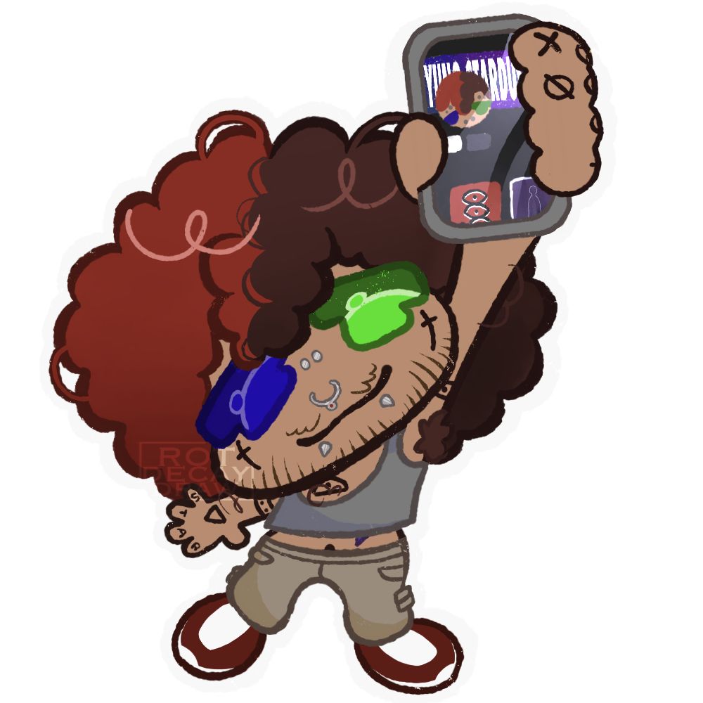 a chibi of someone holding up his phone to show their soundcloud profile and smiling. he has sparse facial hair, curly brown hair half died red, a blue and a green eye, several facial piercings and multiple tattoos on their body. he is wearing a grey cropped tank top, kakis and red sneakers.
