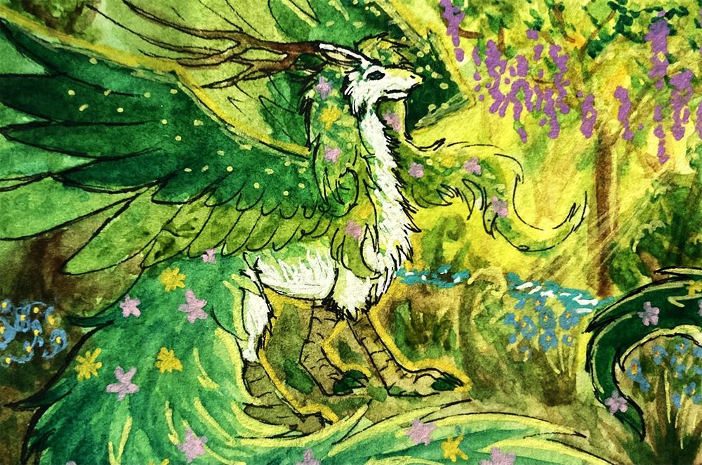 A watercolor picture of a white and green dragon walking on a forest. Yellow warm light comes from the upper right corner of the picture.