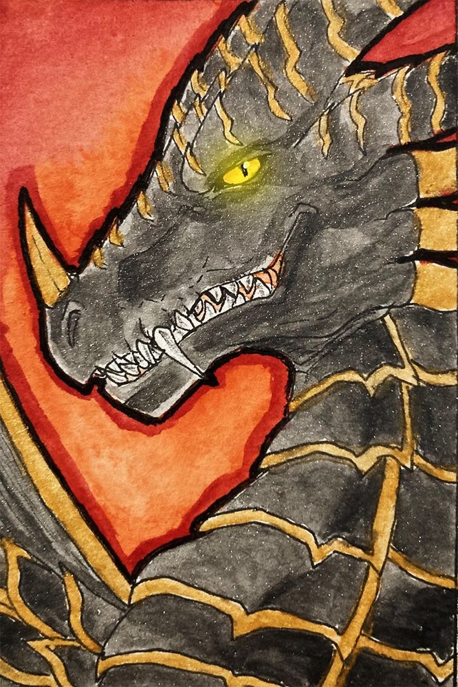A watercolor portrait of a black dragon with golden horns and plate rims smirking to the viewer. Their yellow eye glows in a yellow light. The background is red/orangeish.