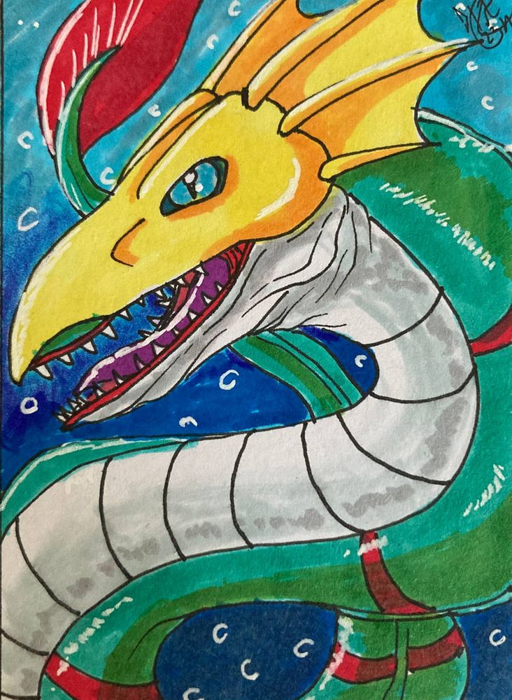 A traditional portrait of Seadramon from digimon, a water dragon with lonng teal body with red stripes, the ventral area is white and segmented. It wears a golden helmet and has a red leaflike red tail
