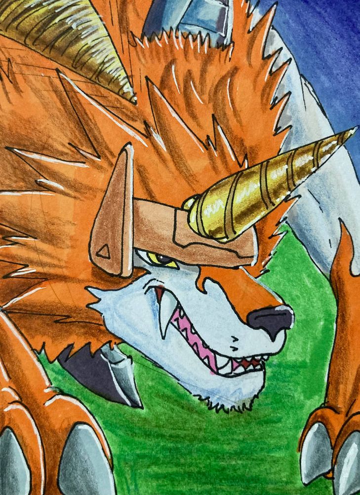 A traditional art picture of the digimon dorulumon, an orange and white wolf with a drill in the forehead. He is snarling fiercely.