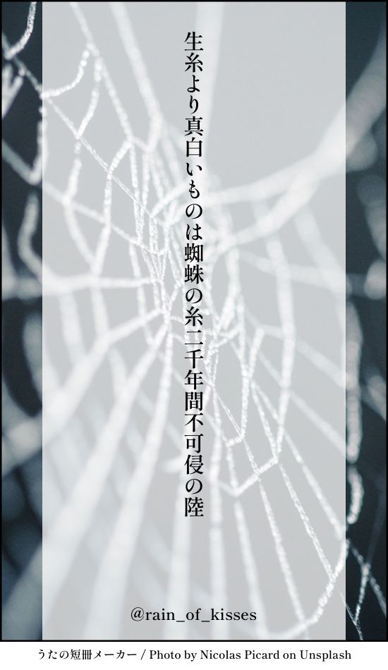 うたの短冊メーカーで画像を生成した短歌　生糸より真白いものは蜘蛛の糸二千年間不可侵の陸