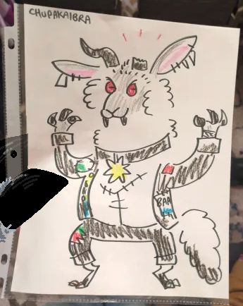 a photograph of scribbly, hastily drawn fanart on printer paper inside of a three ring plastic sleeve. the sheep furry in the drawing has been drawn with roseart crayons and crayola markers. to the left, said sheep's hoof is visible, holding the piece of paper up to the camera.