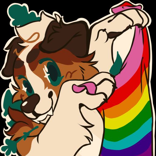 a fluffy brown dog furry is holding the eight striped queer pride flag in both paws. he is glancing cutely over one shoulder.