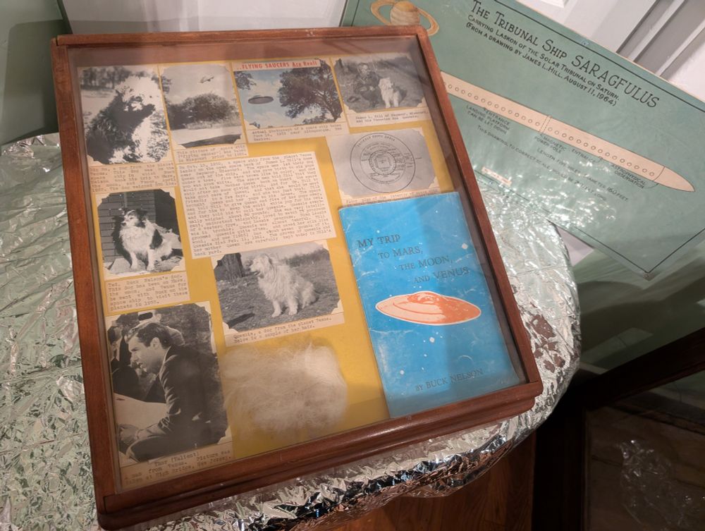 Display case with articles and hair sample from a Venusian dog named Queenie
