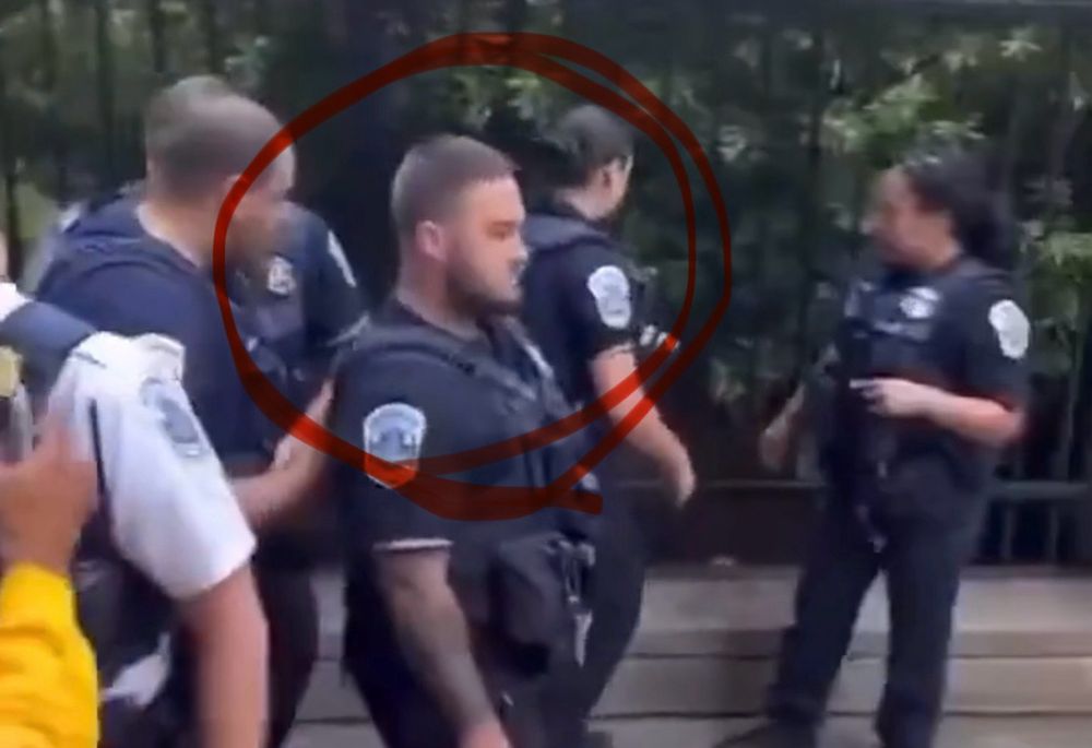 Chubby tattooed law enforcement officer observing the crowd as his colleagues tackle and detain the citizen he sprayed in the face while filming.