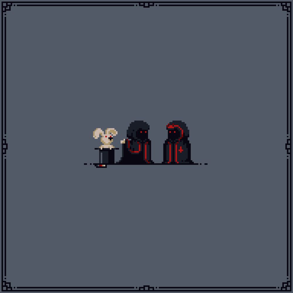 There are two evil looking cloaked figures with red eyes, to their left an upside down top hat with a white rabbit popping out of it. Cloaked figure on the left side (same side as the rabbit in the hat) points to the rabbit in the top hat as if showing their work to the cloaked figure on the right side.