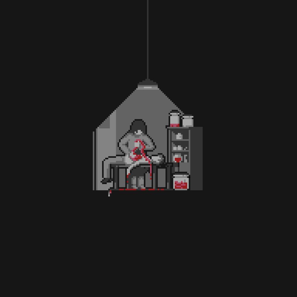 A dead body lies on a table and a person is pulling their guts out. To the right of the corpse table there are jars, some on a shelf some filled with organs