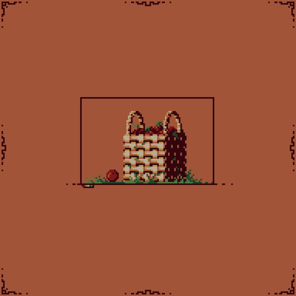 A cube shaped wicker basket with two round handles filled with red apples, sits on grass covered ground, a single apple is on grass to the left side of the basket.