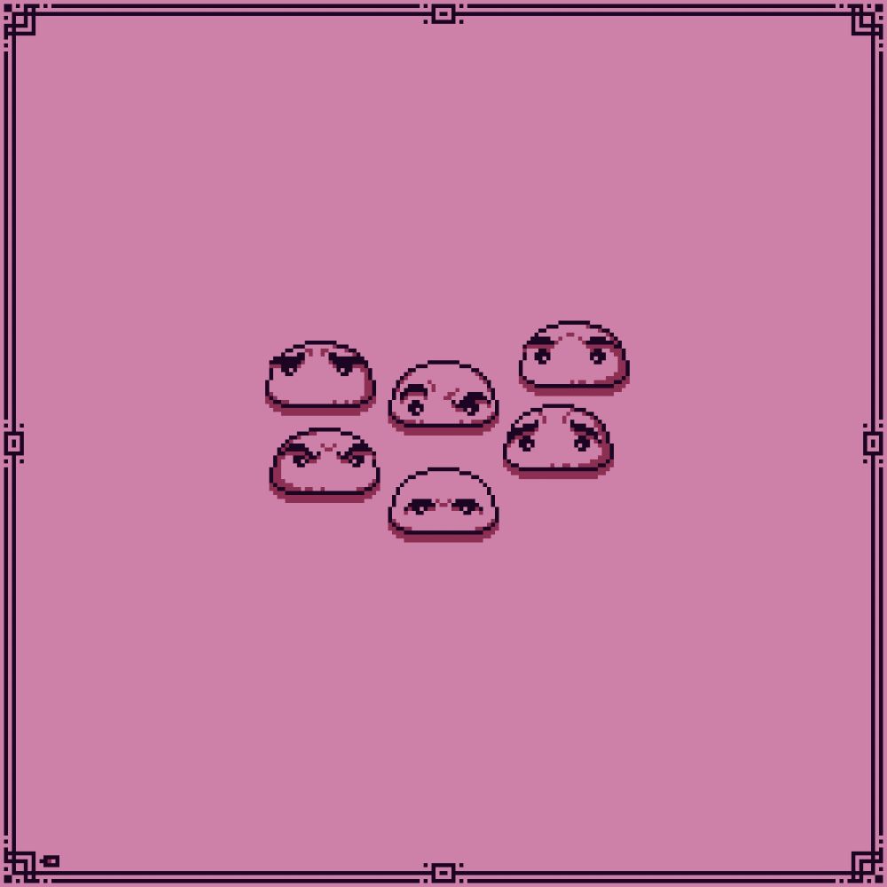 6 pinkish slime like blobs in a group with different eyebrow expressions: most forward one in the middle looks upset to it's left an angry one looking at it, to it's right a concerned blob looking at it, right behind the upset one a blob has an inquisitive look to that one's left a sad one looking away dramatically and to the right most back a blob mildly surprised