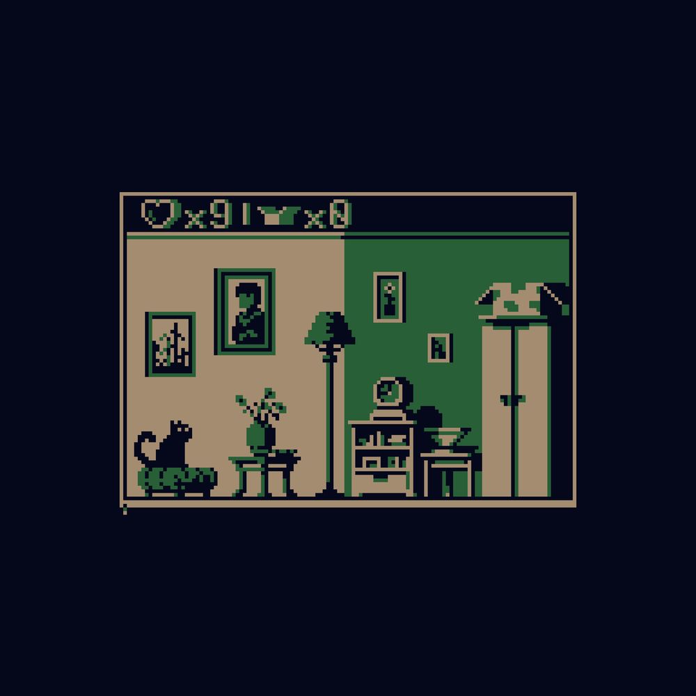 In some sort of a living room on the left most a cat sits on a foot stool looking towards top right where an open cardboard box rests atop a tall cupboard. Between them from left to right a corner table with a flower pot, tall lamp, a cabinet with a clock on it, another small table with a bowl looking thing on it. Behind them there are pictures on walls withing frames. On the top side of the image a heart icon that has X 9 next to it and a box icon that has an X 0 next to it.
