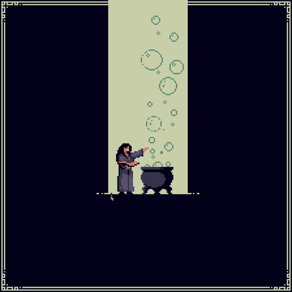 a person wearing a robe, is holding an open book with one hand while standing next to a cauldron with the other hand held up towards the cauldron, big greenish bubbles are rising out of the cauldron