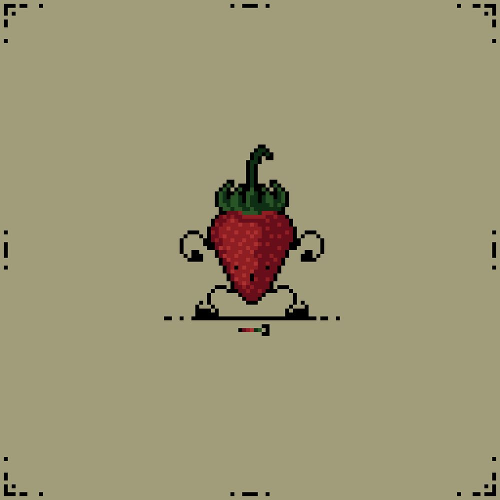 Front view of a strawberry, with a black outline. Doodled arms and legs and a simple facial expression with two dots and a line making it look like this strawberry is ready for action.