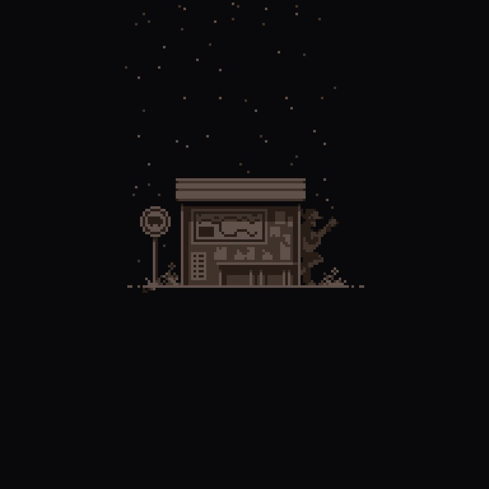 A bus stop at night, under a starry sky, silhouette of a person holding a guitar leaning on the side of the bus stop to the right side, bus stop sign is on the left side.