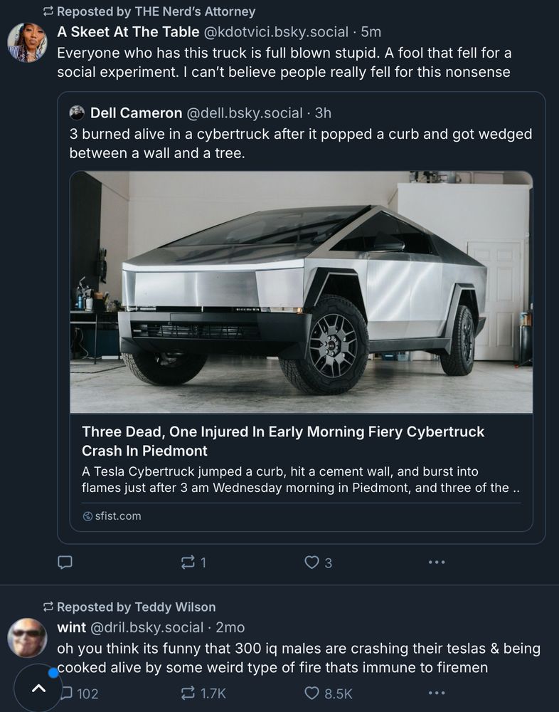 A skeet about a Cybertruck crashing and bursting into flames, directly above a two-month-old wint skeet that says “oh you think its funny that 300 iq males are crashing their teslas & being cooked alive by some weird type of fire thats immune to firemen"
