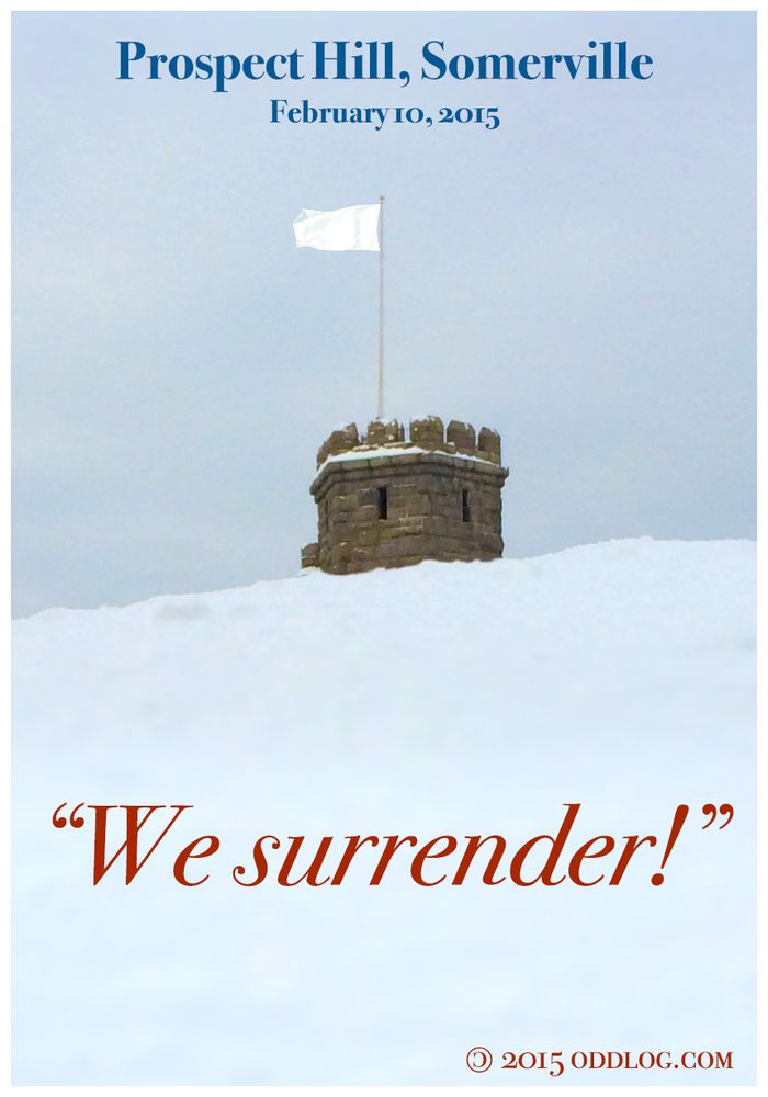 A photograph of the Prospect Hill stone tower barely visible above a composited photograph of a gigantic snow pile, making it seem as if the snow if over 90 feet deep. Above the top of the tower, a white flag is flying from a flag pole. Text superimposed over the sky says “Prospect Hill, Somerville, February 10, 2015” and text over the snow below says “We surrender!” At the bottom right corner is an anti-copyright symbol 2015 oddlog.com