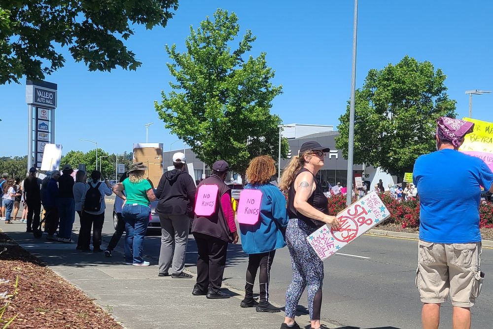 People line the street protesting Elon Musk in front of Tesla of Vallejo, California.
