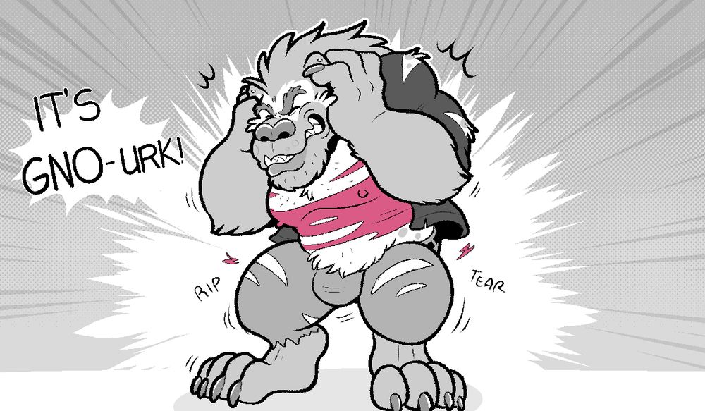CGL-Artwork "It's Gno-urk!" He is cut off as his grisly transformation starts, clothes tearing, holding his head in pain.