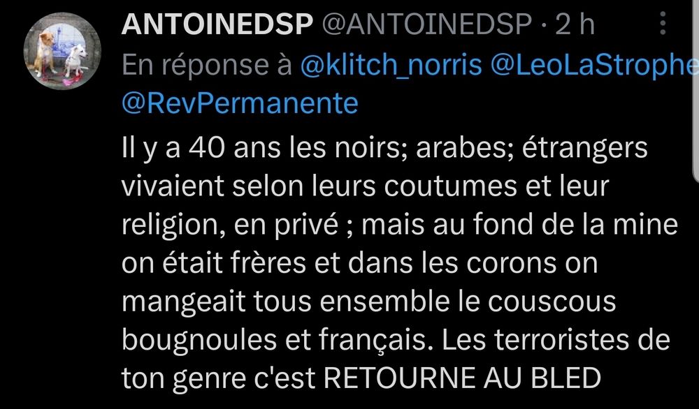 un raciste me répond:
Il y a 40 ans les noirs,  arabes, étrangers vivaient selon leurs coutumes et leur religion, en privé; mais au fond de la mine on était frères et dans les corons on mangeait tous ensemble le couscous bougnoules et français. Les terroristes de ton genre c'est RETOURNE AU BLED.