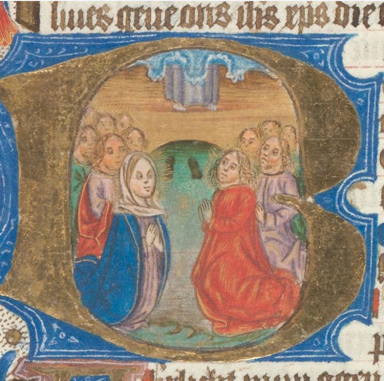 Historiated initial of the ascension: Christ disappears into clouds, only his feet visible, leaving footprints behind. Mary and the apostles are praying.