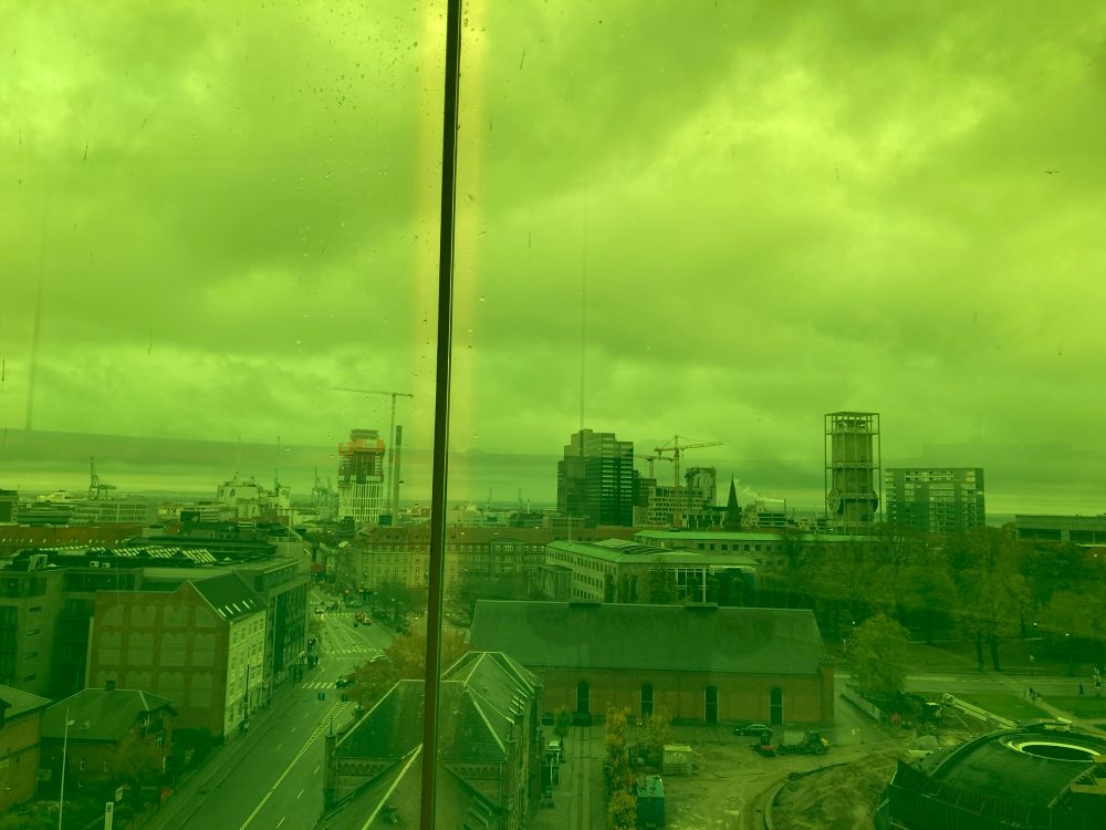 View of Aarhus through green glass