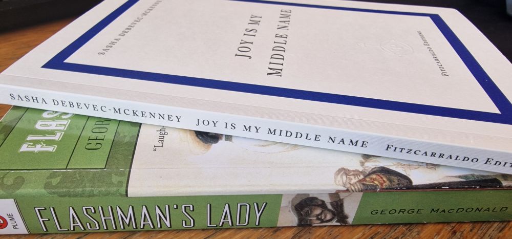 Two books stacked on top of one another: Joy is my middle name by Sasha Debevec-McKenney and Flashman's Lady by George MacDonald Fraser.