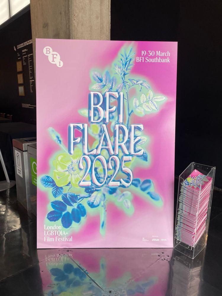 A pink sign advertising the BFI Flare 2025 LGBTQIA+ Film Festival.