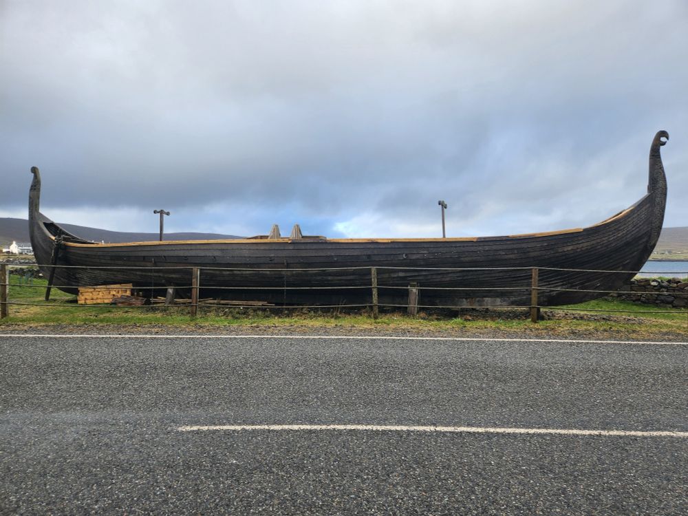 A Norse longboat on the side of the road on Unst island