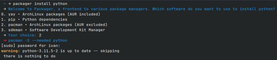 A screenshot of a CLI with the Packager tool, running the command "packager install python".