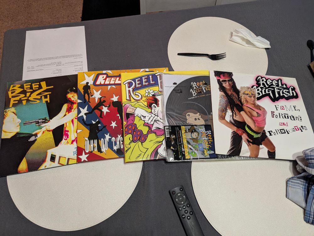 Five Reel Big Fish albums on vinyl.From left to right they are Turn The Radio Off, Why Do They Rock So Hard, Cheer Up, Monkeys For Nothing and the Chimps Are Free, and Fame, Fortune and Fornication. 