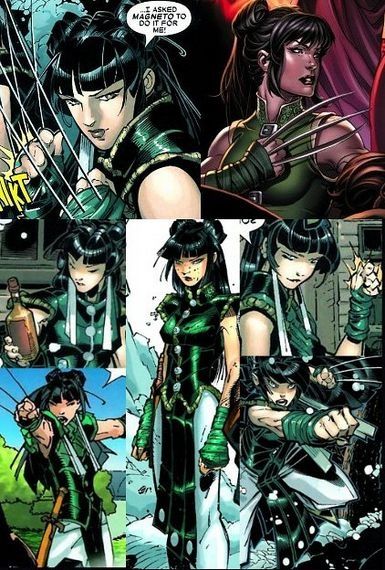 Collage of images of kirkia yashida wolverine and Mariko yashidas daughter from the age of apocalypse universe.
