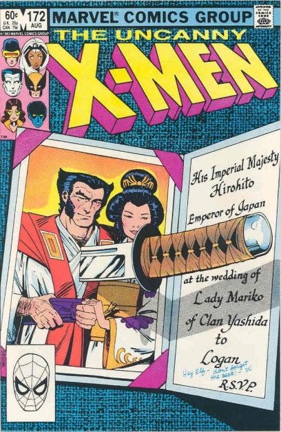 Cover of the uncanny x men comic book showing a knife thrust through mariko yashida and wolverines wedding invitation