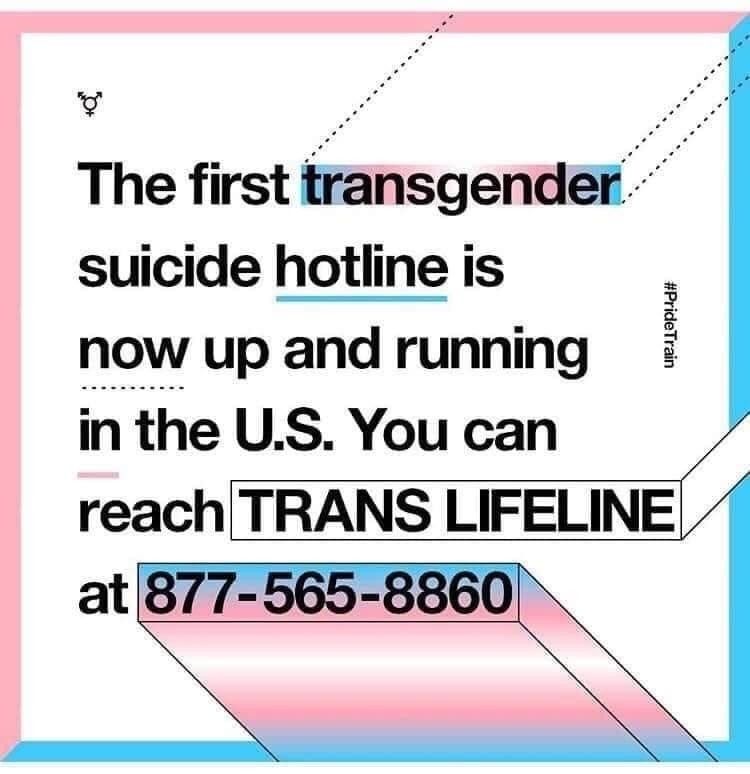 Text announcing the first U.S. transgender suicide hotline, with the number 877-565-8860, highlighted against a colorful background.
