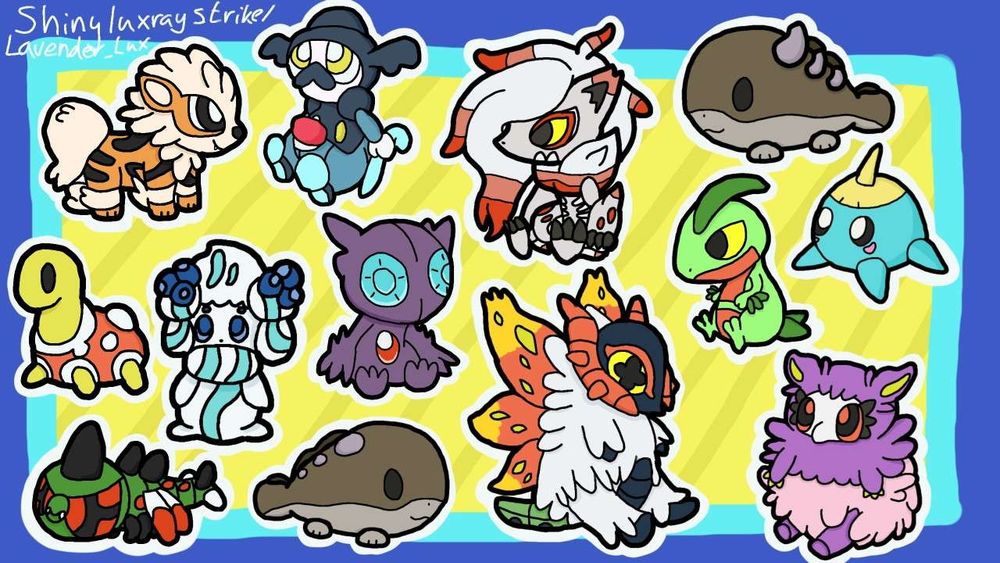 Drawings of several random pokemon in pokedoll/chibi style 