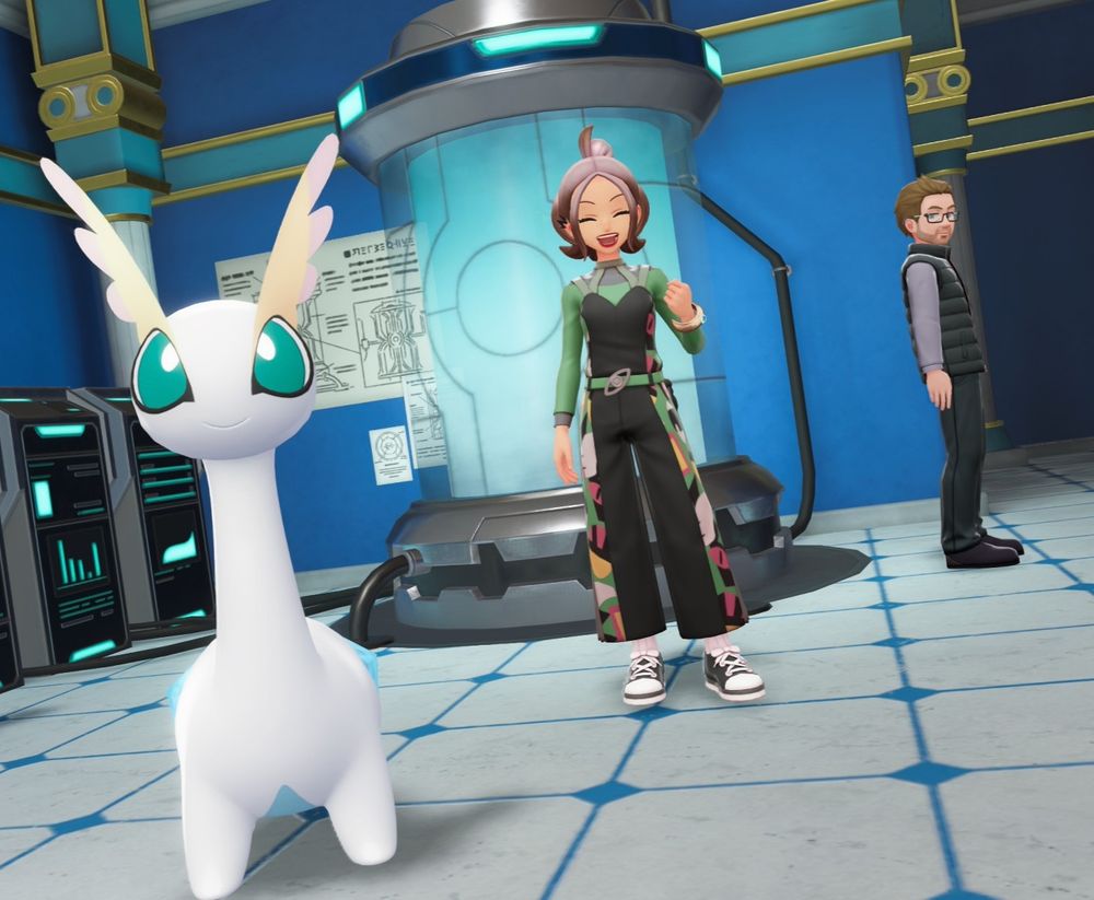 Screenshot from pokemon Legends ZA, of my freshly revived shiny Amaura at the fossil lab in Lumiose city 