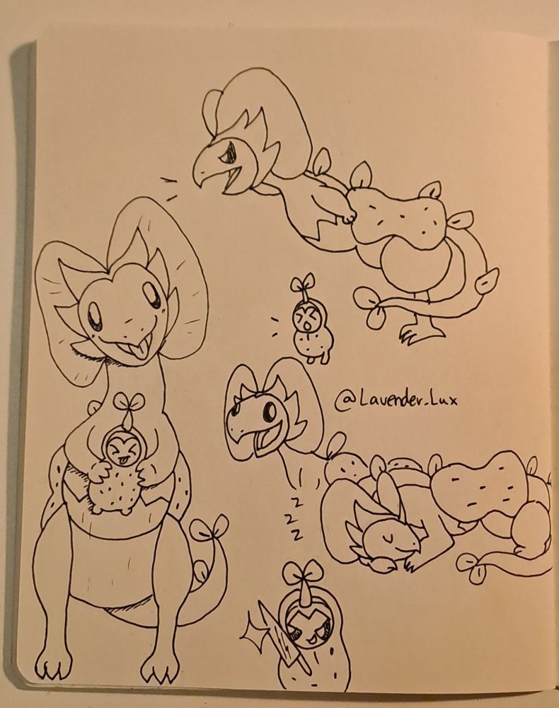 Inked sketch page featuring multiple doodles of a line of peanut-themed dinosaurs, which are scrapped/cancelled Kalos/generation six pokemon.