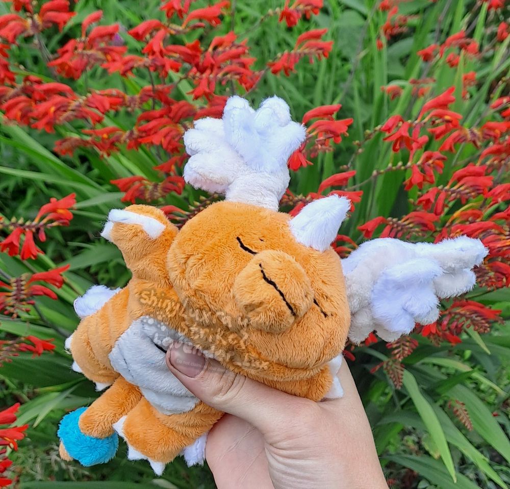 Mega Dragonite beanie held up from a side angle against red flowers