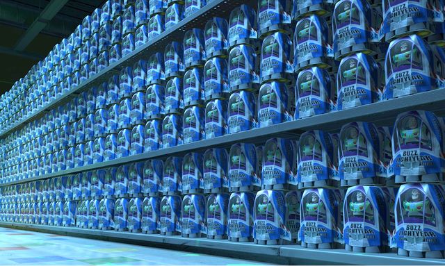 Store shelves filled to the brim with Buzz Lightyear action figures