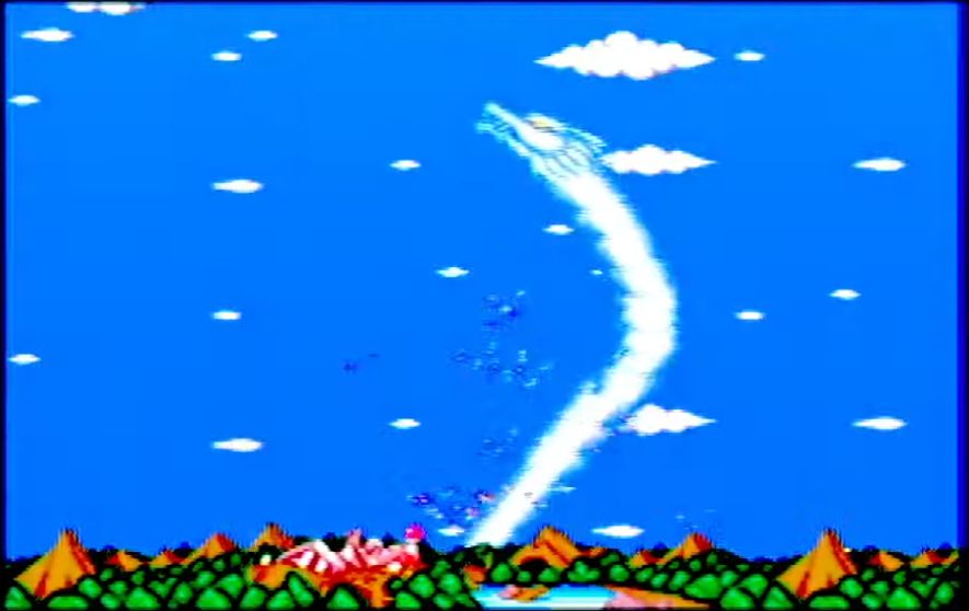 A serpentine dragon rises from the mountains, soaring high into the sky. Not pictured: The sky flashing red, blue and yellow the whole time. Woe betide you if you are prone to epileptic seizures.