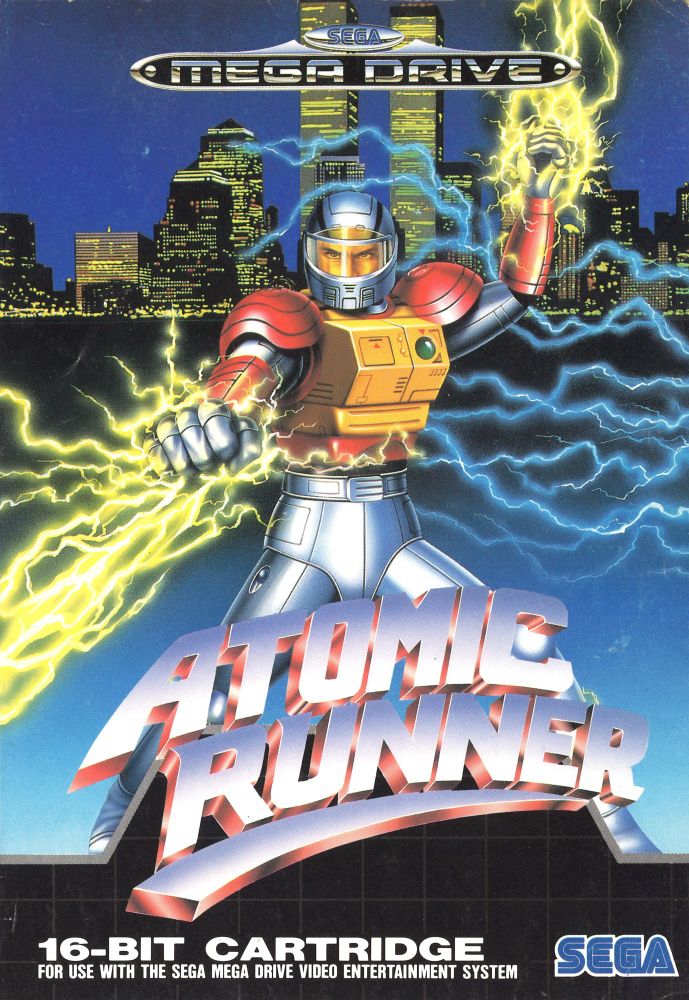Box art for the game. A helmeted man in a metal suit (the protagonist, Chelnov) is shooting lightning from his fists. A city skyline at night serves as the backdrop.