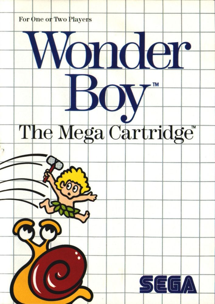 The cover art for the game, showing a minimalist illustration of Tom-Tom (blond-haired boy wearing a leaf skirt (?) and holding a stone hammer) jumping over a snail that's at least twice his size.