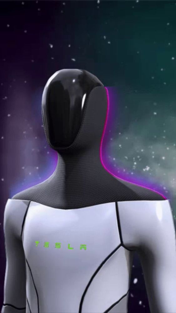 a tesla robot with a purple and green background