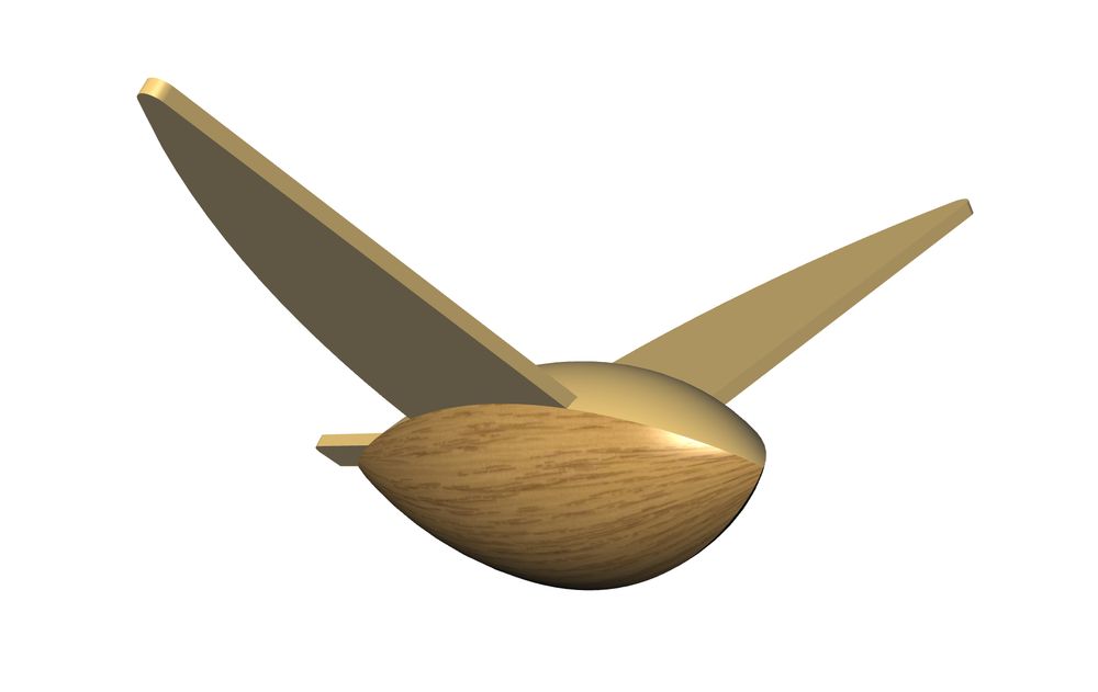 Grobes Rendering einer kleinen nach rechts fliegenden Vogel-Skulptur vor weißem Hintergrund: Ein stark stilisierter Körper in Eiche. Flügel, Rücken und Schwanz in Messing.