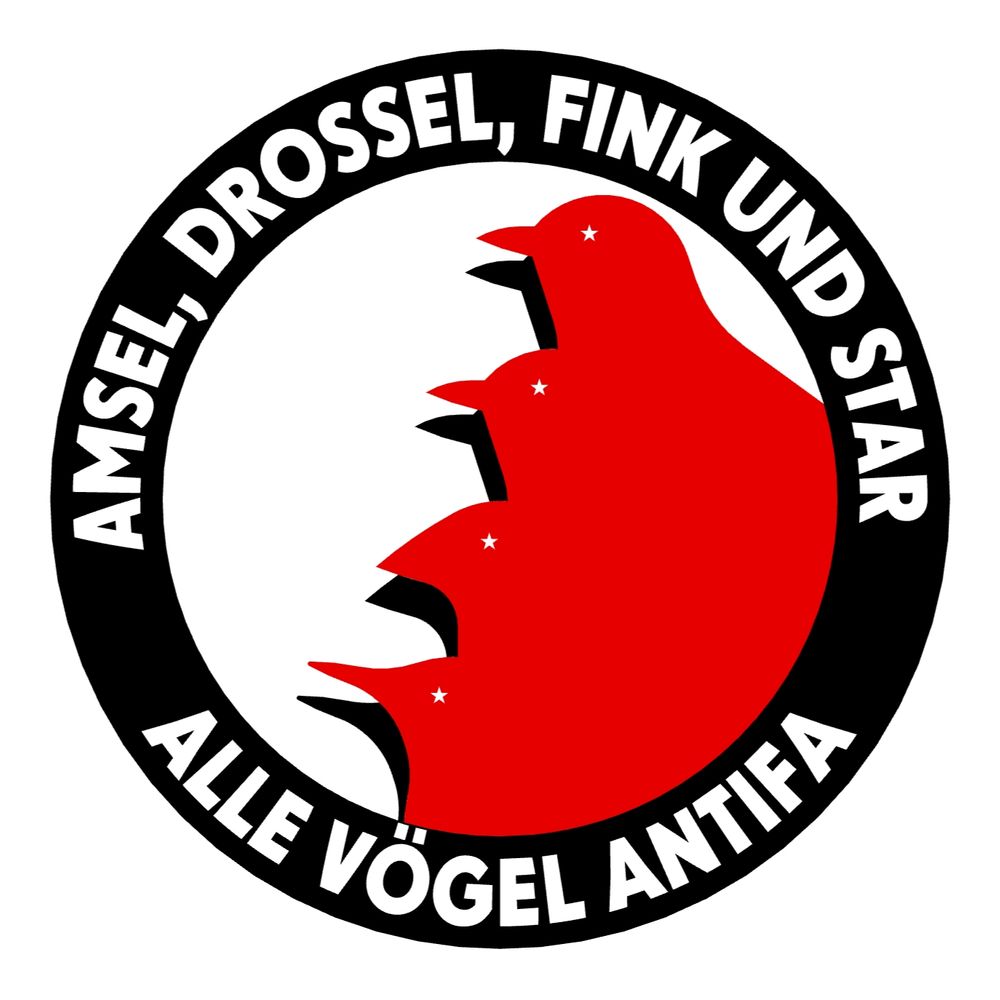 Modifiziertes ANTIFA-Logo:

In der Mitte vier rote Vögel als Schattenriss mit schwarzen Schatten.

Schrift oben:

"AMSEL, DROSSEL, FINK UND STAR"

Schrift unten:

"ALLE VÖGEL ANTIFA"