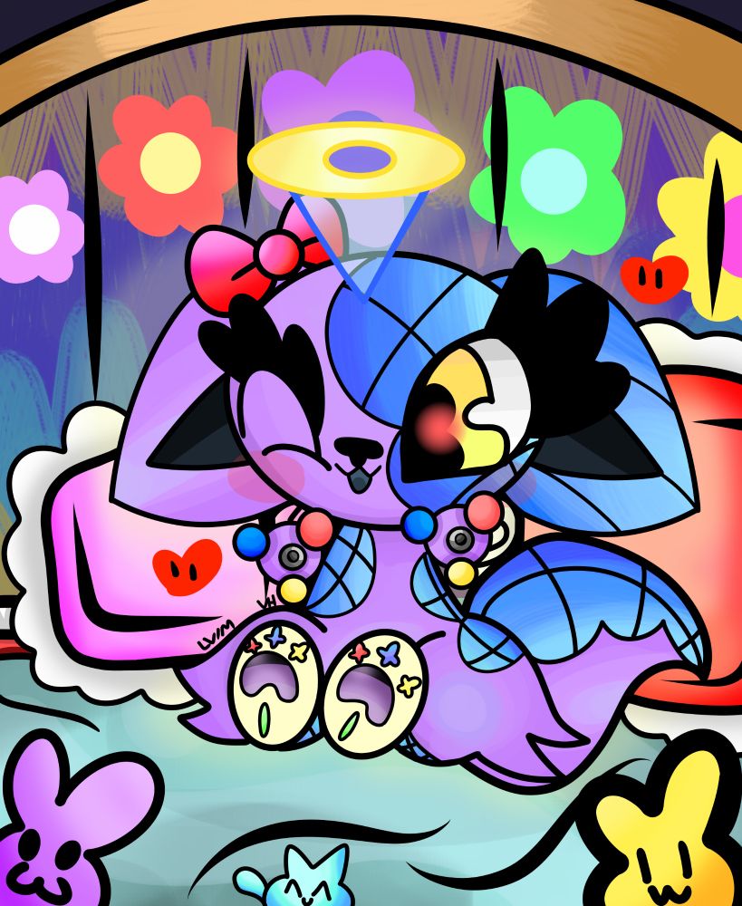 LUCY and her plushies on her bed in the Digital Afterlife!