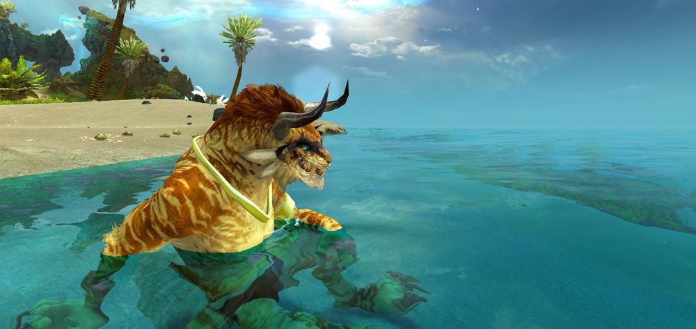 Runit Desertfur, a Charr, sitting down in the water at the beach. He is in his skimpiest swimwear because no one tells him to cover up more.