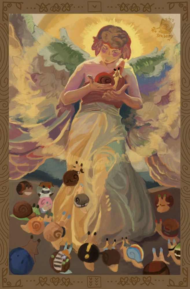 Based on the painting “The Angel of the birds” by Frantisek Dovrak. This artpiece is a study. The motive was changed to depict Grian, who takes up most of the canvas, with all the snails from wild life session 3. Grian is looking down on his snail Gary, which he is holding in both hands. Gary looks back at him. Grians head is within a circle of light, that can be seen as his halo. The circle is filled. A bigger circle of light that is only enlighted on its line travels from above Grians head to the sides of the canvas and Grians knee, which is bend forward. The circle takes up this space for the top half of the canvas. On the lower half is the rest of Grians robe that is covering his legs fully and the snails who are approaching. The painting has a lot of pastel colours with yellow being the dominant one. The ribe is not white but yellow, turquoise and greyish brown where shadows are casted on. Similar to that are the wings with the difference being hhat they are mostly on the green and purple spectrum. The painting is bordered by a darker ocre frame on ehich there are brown marks. The sides are covered in bigger swirls, with most of them showing only their half as the rest is cut off. There are four corner borders. The shape is that of an L, with both of its lines being of the same lenght. Inside of the shaoe are two swirls that are facing inwards and a leaf on each side. The top and bottom corner both have three hearts on their left and right side, left and right of them are three dots each and in the middle there are dice. The dice on the top has got one heart and he dice on the bottom has got six hearts. The aforementioned hearts next to the dice have little arms. The first in the rows gestures outward, the second inward and the third both inward and outward that makes it look like its got two leaves attached.
The snails and where they are:
Gary sits in Grians hands, Snailman (Skizz) and Snumbo are crawling up on Grians robe. The others gather around on ground.