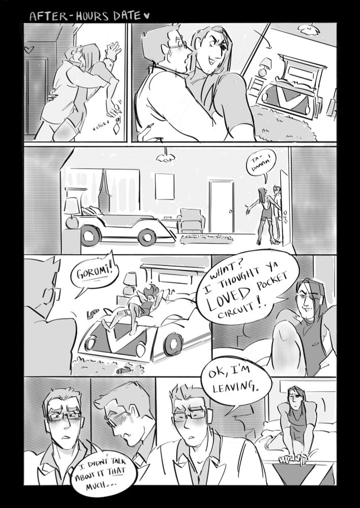 A digitally drawn comic panel featuring Kiryu Kazuma and Majima Goro from the Yakuza series, as they appear in Yakuza 0. Majima appears as his hostess persona, Goromi, styled as she might have been in the 80's, when Yakuza 0 is set.In the first panel, they are kissing, Kiryu pressing Goromi up against a hotel door while she fumbles with the key behind her back. The door swings open behind them, revealing a room that looks standard with the exception of a race car bed. There is a wide shot of the length of the room, with Goromi just inside the doorway, gesturing to Kiryu and saying "Ta-daaaa!". Goromi immediately kicks her heels off and flops onto the bed on her back, while Kiryu stands in the doorway and shouts "Goromi!". "What?" She says. "I thought ya LOVED pocket circuit!". Kiryu bristles embarrassedly in the doorway, blushing and saying "I don't talk about it THAT much..." before turning around with an "Ok, i'm leaving."